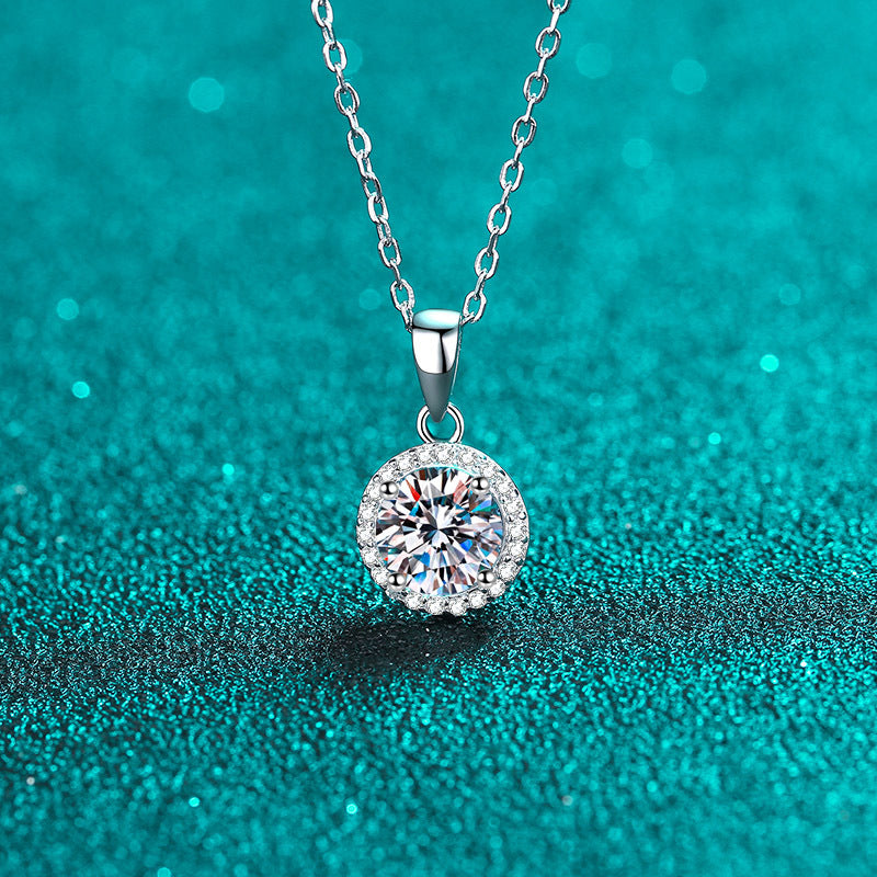 925 Sterling Silver Round Halo Pendant Necklace - 1CT Moissanite PT950-Plated Collarbone Chain