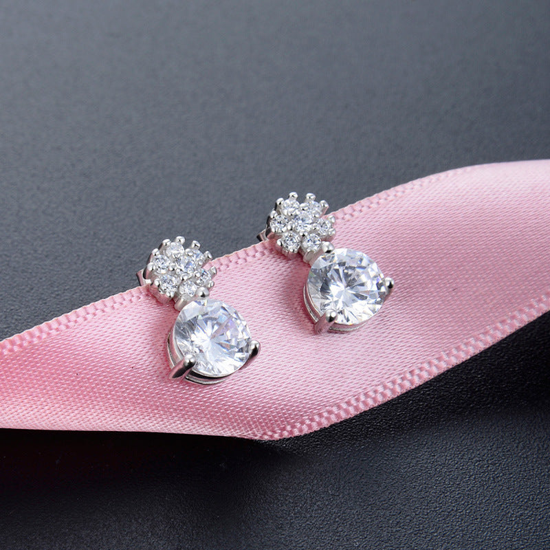 925 Sterling Silver Round Stud Earrings - Korean Style Diamond Accent Geometric Earrings with Plastic Stoppers