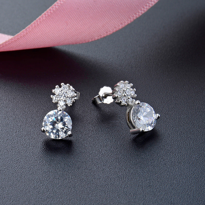 925 Sterling Silver Round Stud Earrings - Korean Style Diamond Accent Geometric Earrings with Plastic Stoppers