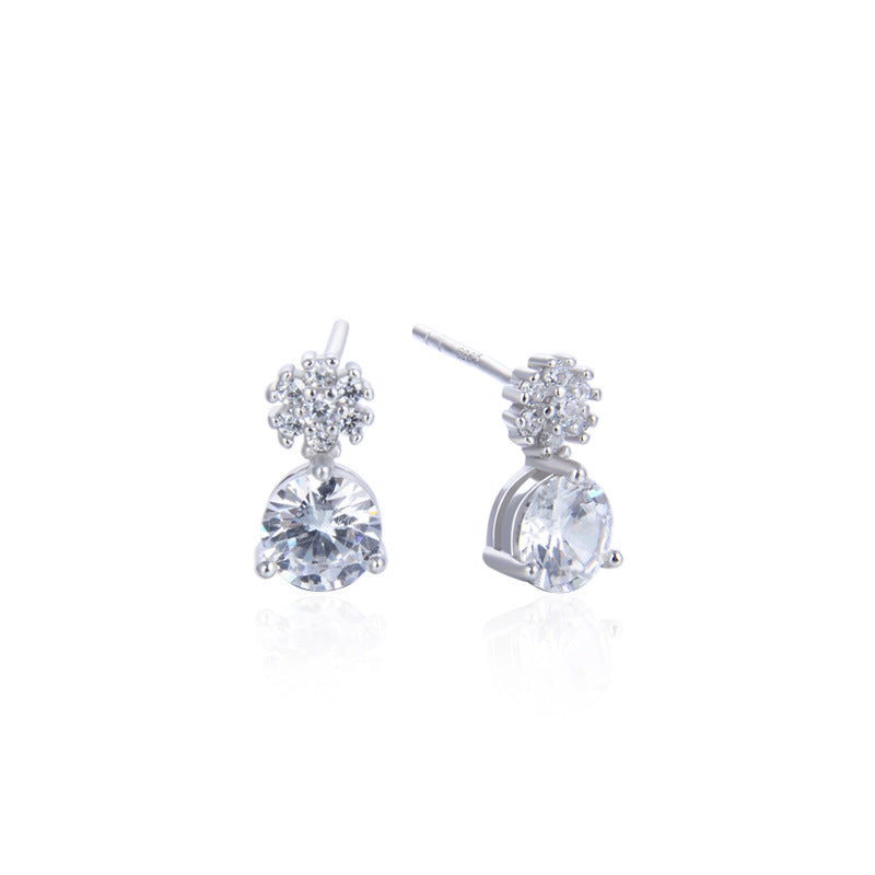 925 Sterling Silver Round Stud Earrings - Korean Style Diamond Accent Geometric Earrings with Plastic Stoppers