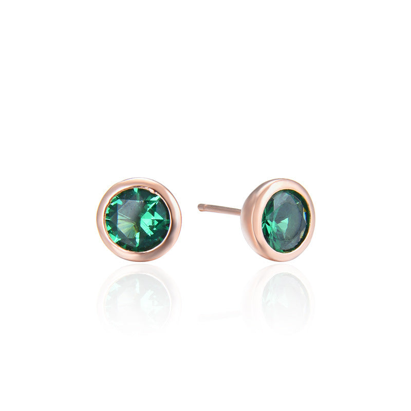 925 Sterling Silver Round Stud Earrings - White/Green/Red/Champagne Zircon Korean Style Geometric Earrings