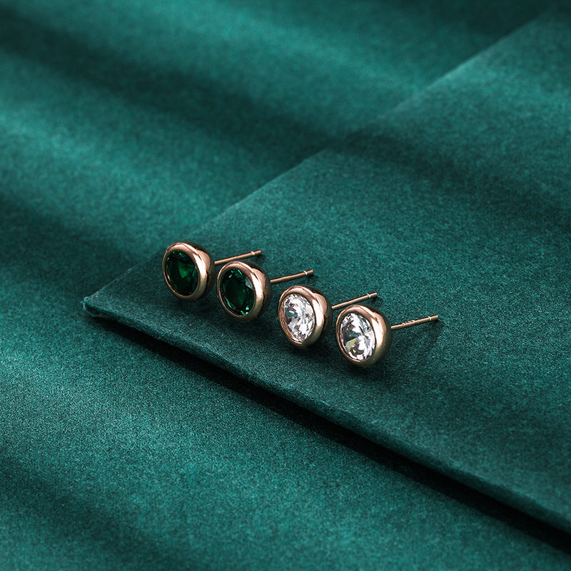 925 Sterling Silver Round Stud Earrings - White/Green/Red/Champagne Zircon Korean Style Geometric Earrings