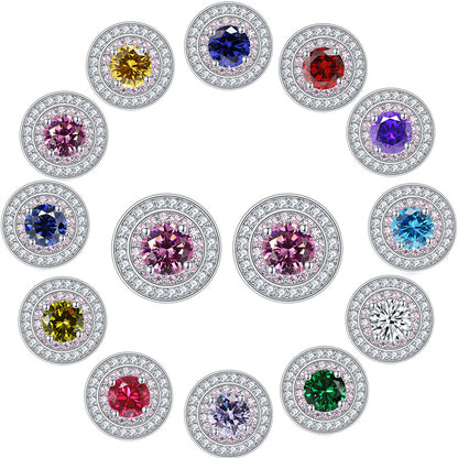 925 Sterling Silver Round Zircon Stud Earrings – Elegant Birthstone Collection