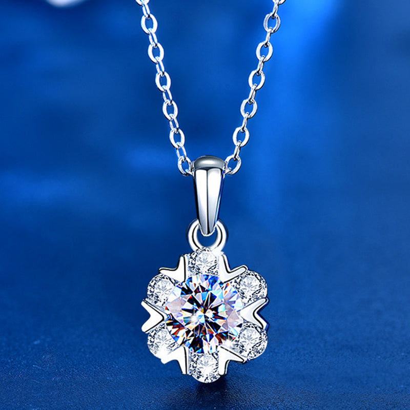 925 Sterling Silver Snowflake Pendant Necklace with 1ct/2ct Moissanite & Cross Chain - Rhodium Plated Chic Winter Jewelry