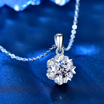 925 Sterling Silver Snowflake Pendant Necklace with 1ct/2ct Moissanite & Cross Chain - Rhodium Plated Chic Winter Jewelry