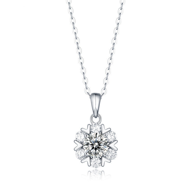 925 Sterling Silver Snowflake Pendant Necklace with 1ct/2ct Moissanite & Cross Chain - Rhodium Plated Chic Winter Jewelry