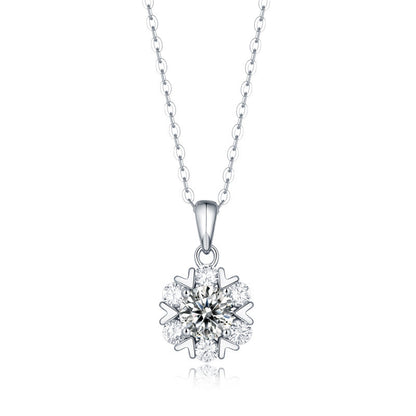 925 Sterling Silver Snowflake Pendant Necklace with 1ct/2ct Moissanite & Cross Chain - Rhodium Plated Chic Winter Jewelry