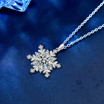 925 Sterling Silver Snowflake Pendant Necklace with 1ct or 2ct Moissanite (White/Yellow Gold) Cross Chain Women's Versatile Jewelry