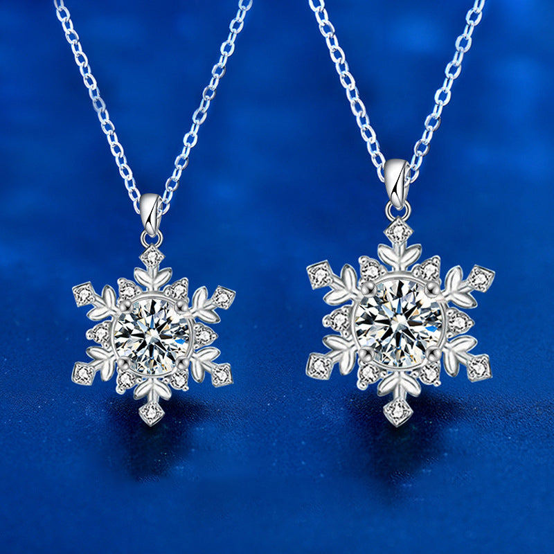 925 Sterling Silver Snowflake Pendant Necklace with 1ct or 2ct Moissanite (White/Yellow Gold) Cross Chain Women's Versatile Jewelry