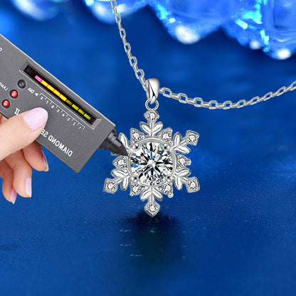 925 Sterling Silver Snowflake Pendant Necklace with 1ct or 2ct Moissanite (White/Yellow Gold) Cross Chain Women's Versatile Jewelry