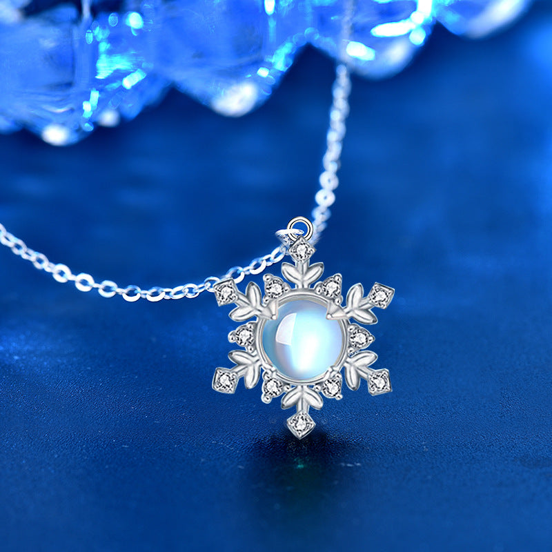 925 Sterling Silver Snowflake Pendant Necklace with Moonstone Cross Chain Women's White Gold Plated Office Jewelry