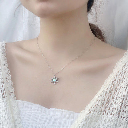 925 Sterling Silver Snowflake Pendant Necklace with Moonstone Cross Chain Women's White Gold Plated Office Jewelry