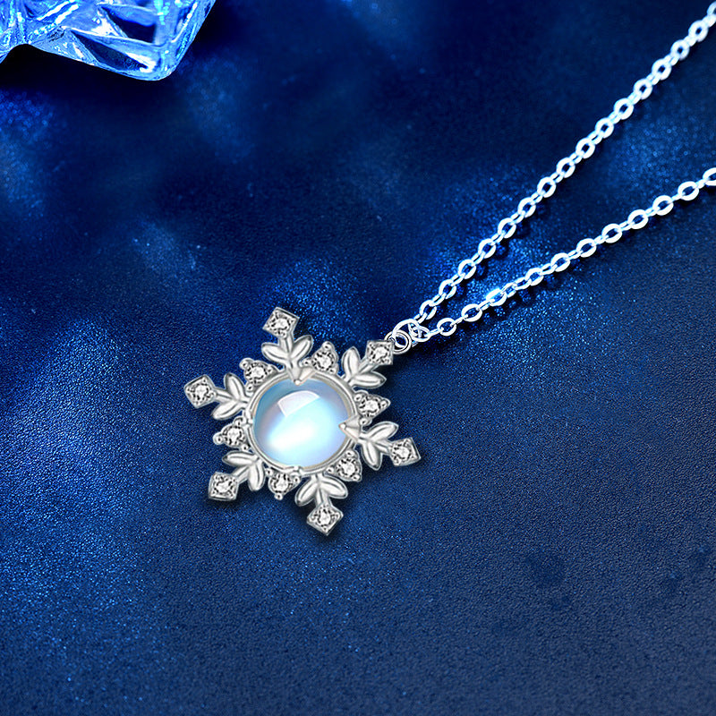 925 Sterling Silver Snowflake Pendant Necklace with Moonstone Cross Chain Women's White Gold Plated Office Jewelry