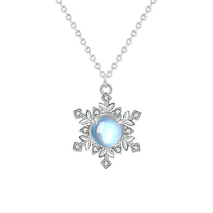 925 Sterling Silver Snowflake Pendant Necklace with Moonstone Cross Chain Women's White Gold Plated Office Jewelry