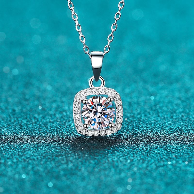 925 Sterling Silver Square Bezel Necklace - 1CT/2CT Moissanite Minimalist Luxury Chain