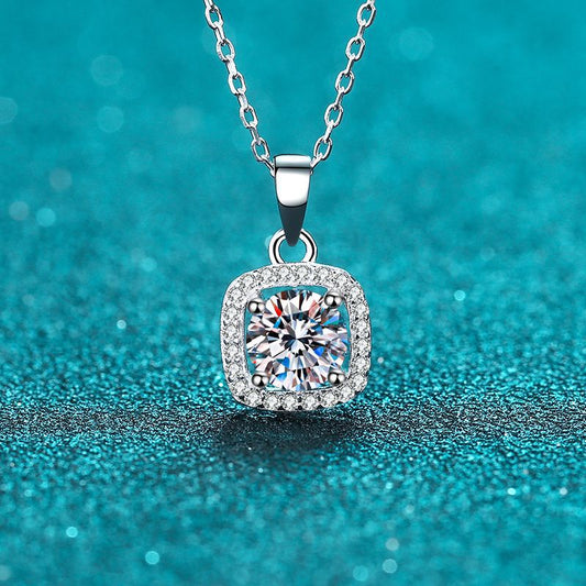 925 Sterling Silver Square Bezel Necklace - 1CT/2CT Moissanite Minimalist Luxury Chain