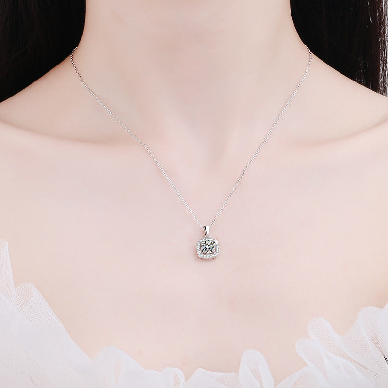 925 Sterling Silver Square Bezel Necklace - 1CT/2CT Moissanite Minimalist Luxury Chain