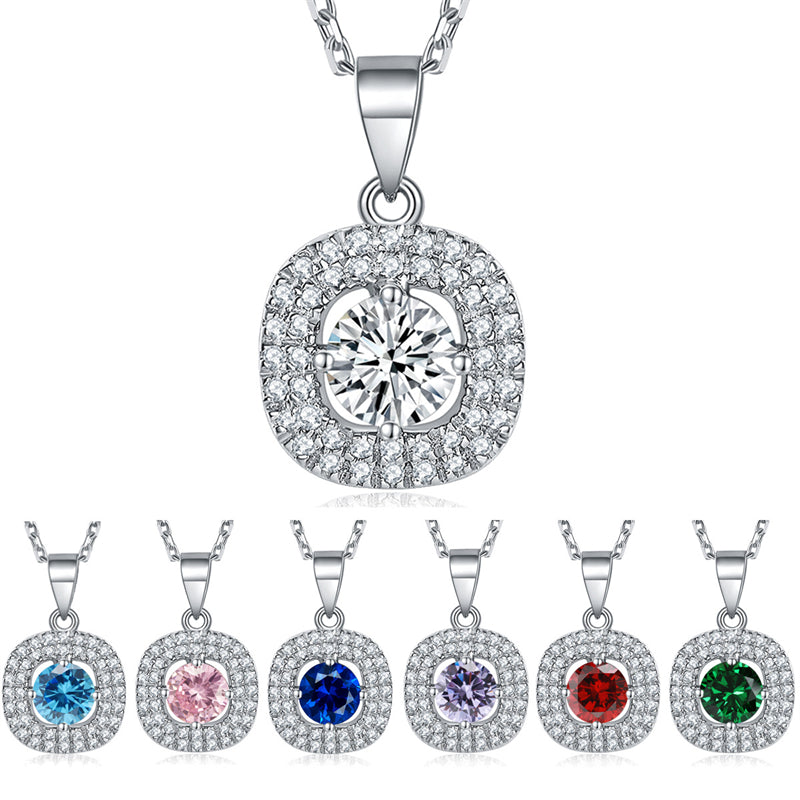 925 Sterling Silver Square Birthstone Necklace - Modern Colorful Pendant