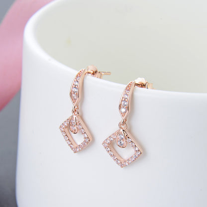 925 Sterling Silver Square Drop Earrings - White Gold/Rose Gold Plated Women's Elegant Dangle Earrings with Plastic Stoppers
