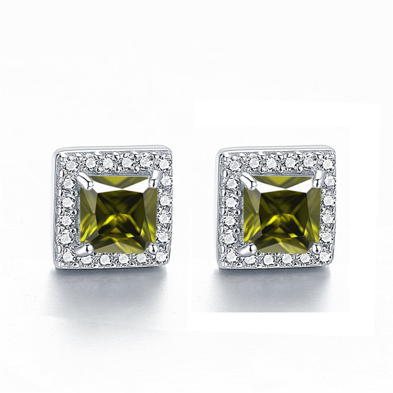925 Sterling Silver Square "Hearts & Arrows" Zircon Stud Earrings – Premium Birthstone Collection