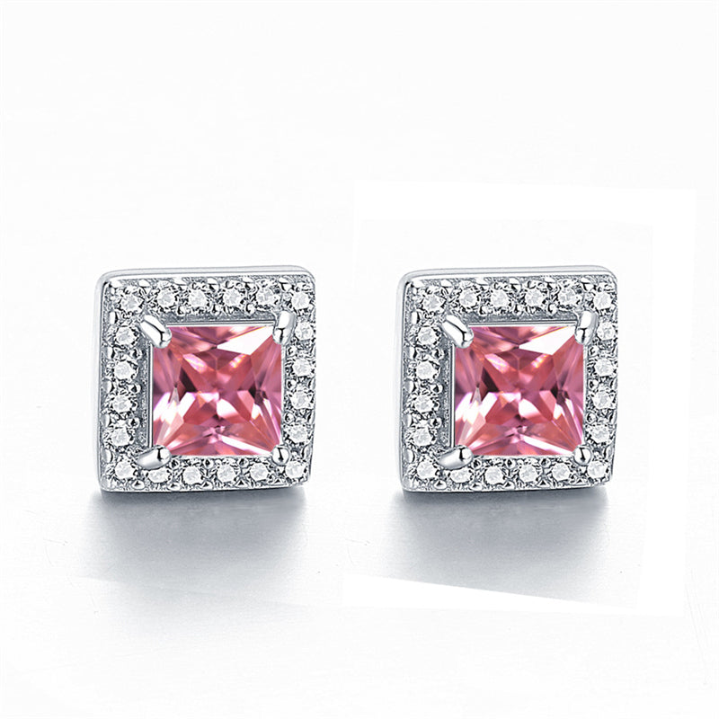 925 Sterling Silver Square "Hearts & Arrows" Zircon Stud Earrings – Premium Birthstone Collection