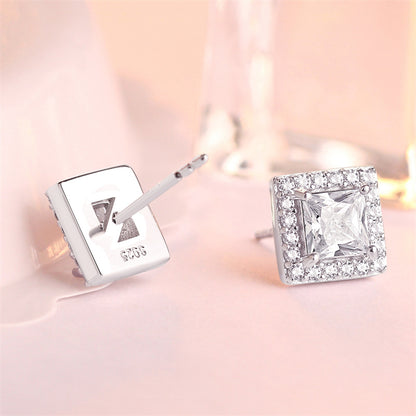 925 Sterling Silver Square "Hearts & Arrows" Zircon Stud Earrings – Premium Birthstone Collection