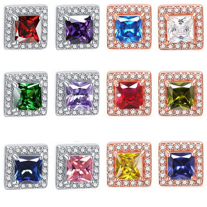 925 Sterling Silver Square "Hearts & Arrows" Zircon Stud Earrings – Premium Birthstone Collection