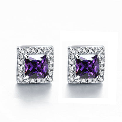 925 Sterling Silver Square "Hearts & Arrows" Zircon Stud Earrings – Premium Birthstone Collection