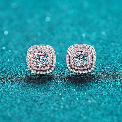 925 Sterling Silver Square Micro-Paved Moissanite Stud Earrings – Luxury Floral-Inspired Rose & Camellia Design