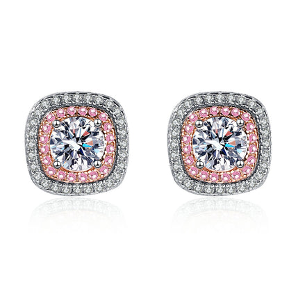 925 Sterling Silver Square Micro-Paved Moissanite Stud Earrings – Luxury Floral-Inspired Rose & Camellia Design