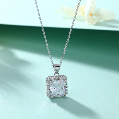 925 Sterling Silver Square Pendant Necklace - Contemporary Zircon Jewelry