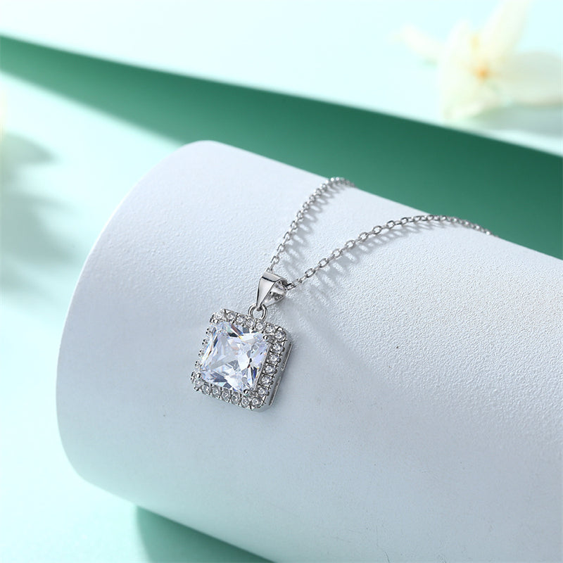 925 Sterling Silver Square Pendant Necklace - Contemporary Zircon Jewelry