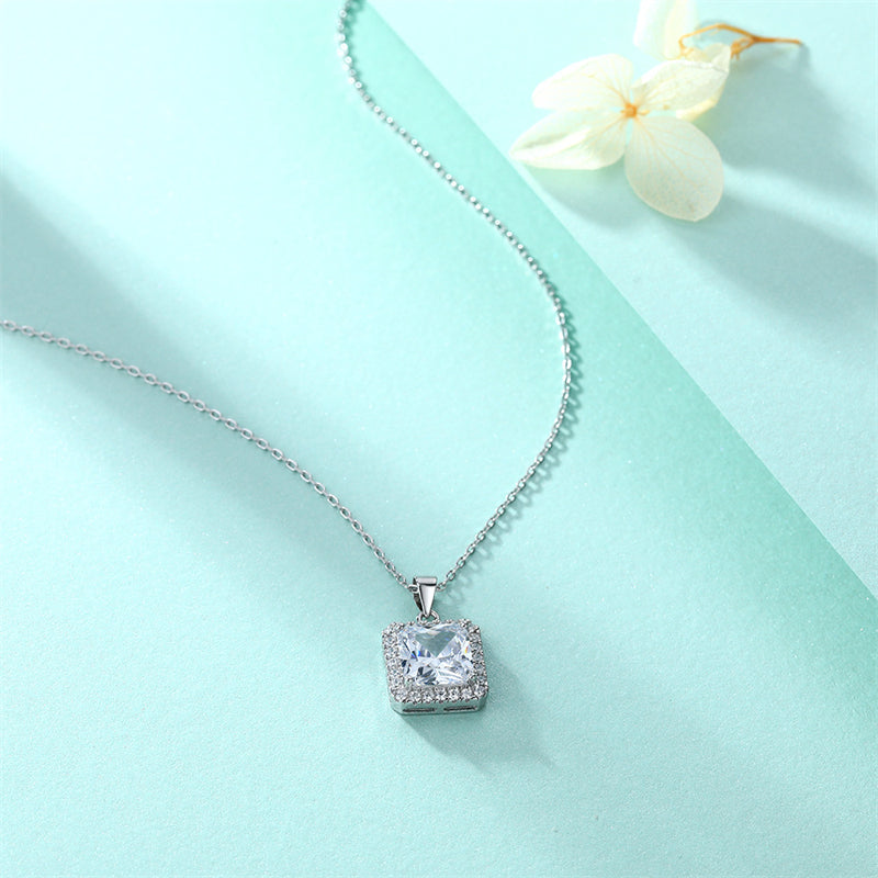 925 Sterling Silver Square Pendant Necklace - Contemporary Zircon Jewelry