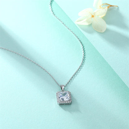 925 Sterling Silver Square Pendant Necklace - Contemporary Zircon Jewelry