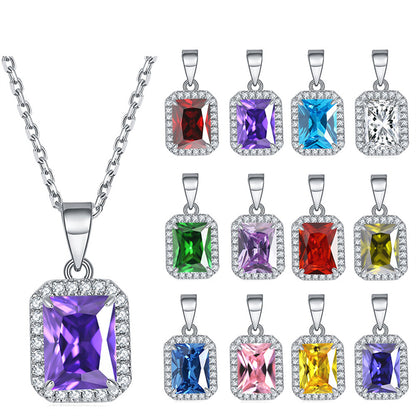 925 Sterling Silver Square Pendant Necklace - Modern Birthstone Jewelry