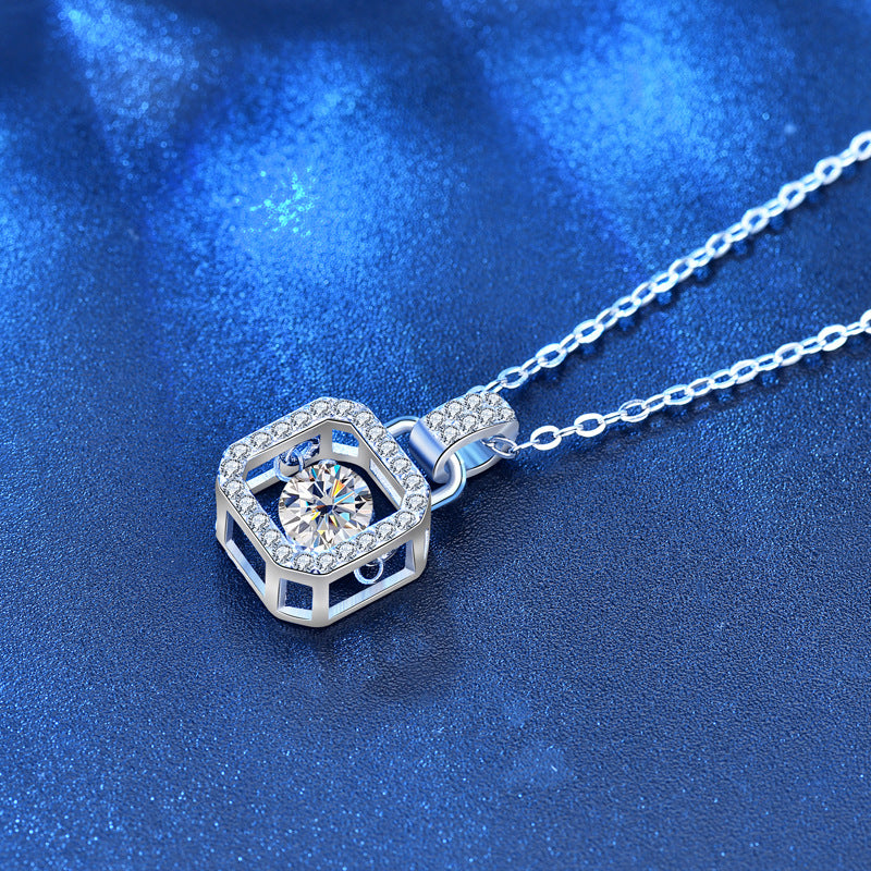 925 Sterling Silver Square Pendant Necklace with 0.5ct Moissanite Cross Chain Women's White Gold Plated Jewelry