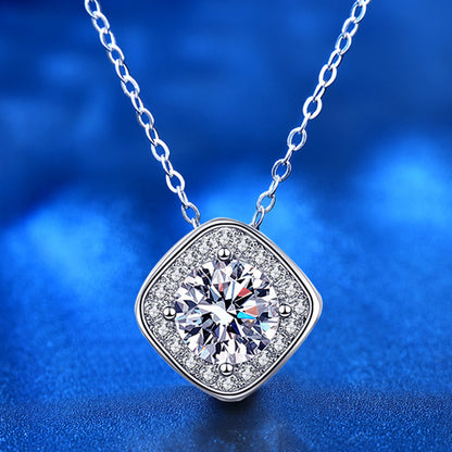 925 Sterling Silver Square Pendant Necklace with 1ct Moissanite Cross Chain Women's Korean Style Jewelry