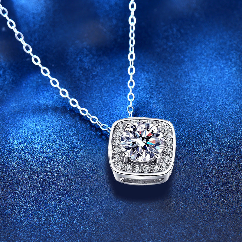 925 Sterling Silver Square Pendant Necklace with 1ct Moissanite Cross Chain Women's Korean Style Jewelry