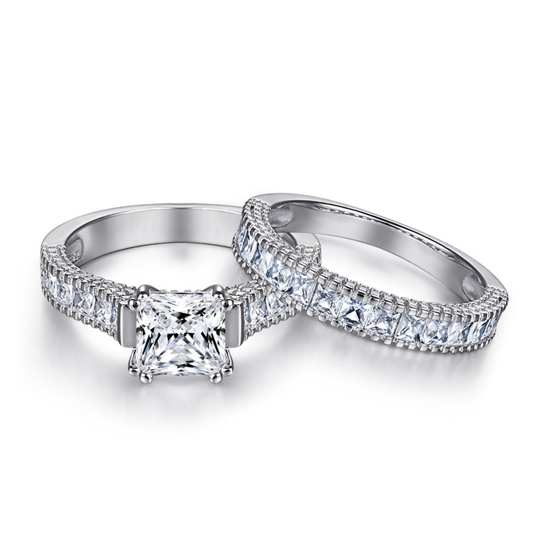 925 Sterling Silver Square Zircon Ring Set – Elegant Stackable Eternity Bands