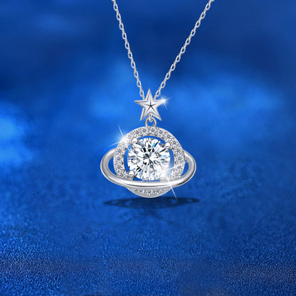 925 Sterling Silver Star Planet Pendant Necklace with 1ct Moissanite Women's Light Luxury Jewelry