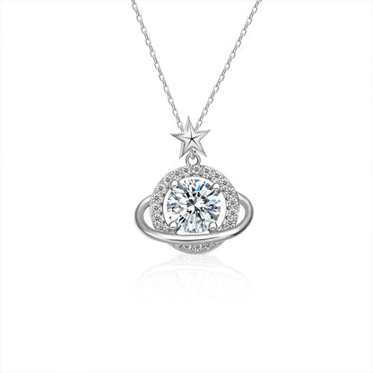 925 Sterling Silver Star Planet Pendant Necklace with 1ct Moissanite Women's Light Luxury Jewelry