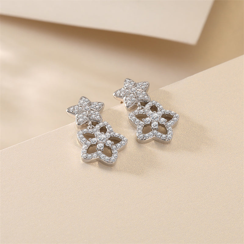 925 Sterling Silver Star Tassel Earrings for Women Elegant Zircon Dangle Earrings White Gold Plated
