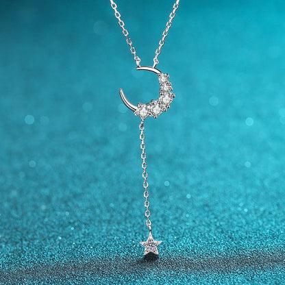 925 Sterling Silver Star & Moon Pendant Necklace - 0.4CT Moissanite Bohemian-Inspired Chain