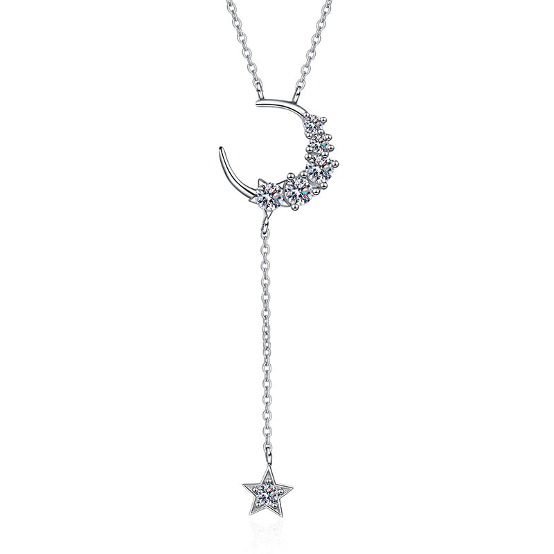 925 Sterling Silver Star & Moon Pendant Necklace - 0.4CT Moissanite Bohemian-Inspired Chain