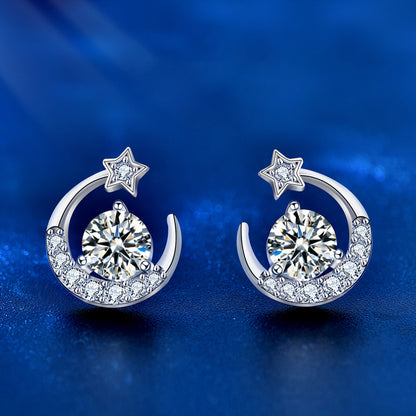 925 Sterling Silver Star and Moon Stud Earrings with 0.5ct Moissanite Micro-Paved Luxurious Minimalist Jewelry for Women