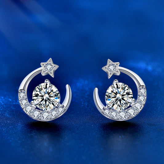 925 Sterling Silver Star and Moon Stud Earrings with 0.5ct Moissanite Micro-Paved Luxurious Minimalist Jewelry for Women