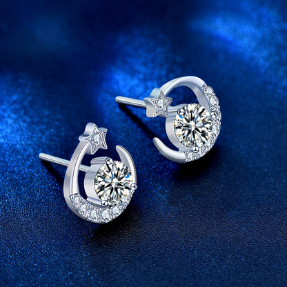 925 Sterling Silver Star and Moon Stud Earrings with 0.5ct Moissanite Micro-Paved Luxurious Minimalist Jewelry for Women