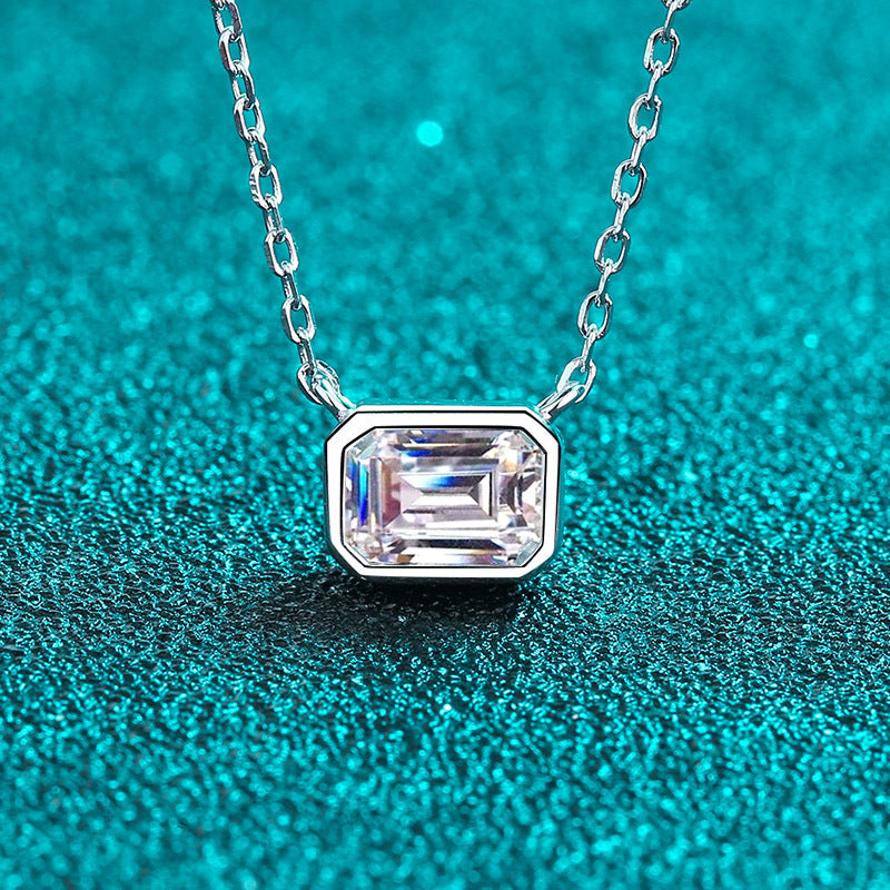 925 Sterling Silver Sugar Cube Pendant Necklace - 1CT Emerald Cut Moissanite PT950-Plated Chain