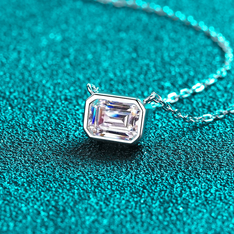 925 Sterling Silver Sugar Cube Pendant Necklace - 1CT Emerald Cut Moissanite PT950-Plated Chain