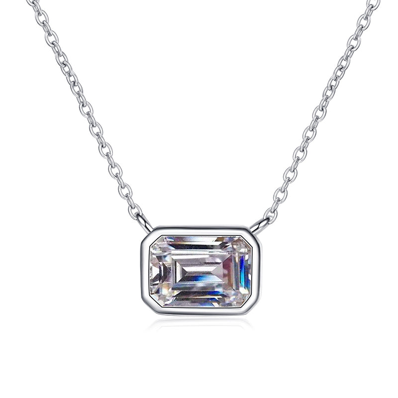 925 Sterling Silver Sugar Cube Pendant Necklace - 1CT Emerald Cut Moissanite PT950-Plated Chain